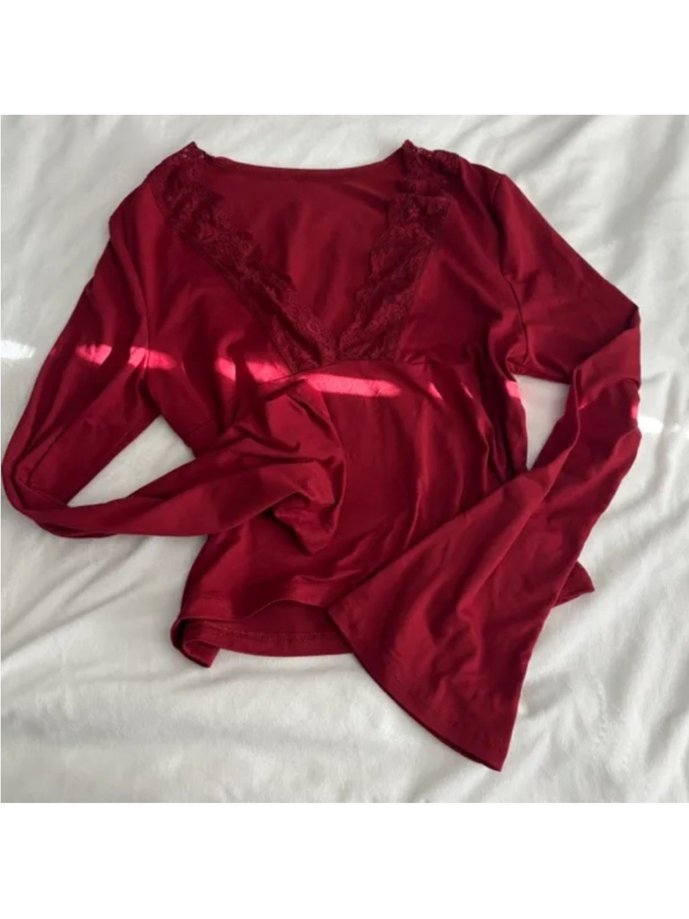 Bell sleeve Red Lace Trim Long Sleeve Tee - Picture 2 of 3
